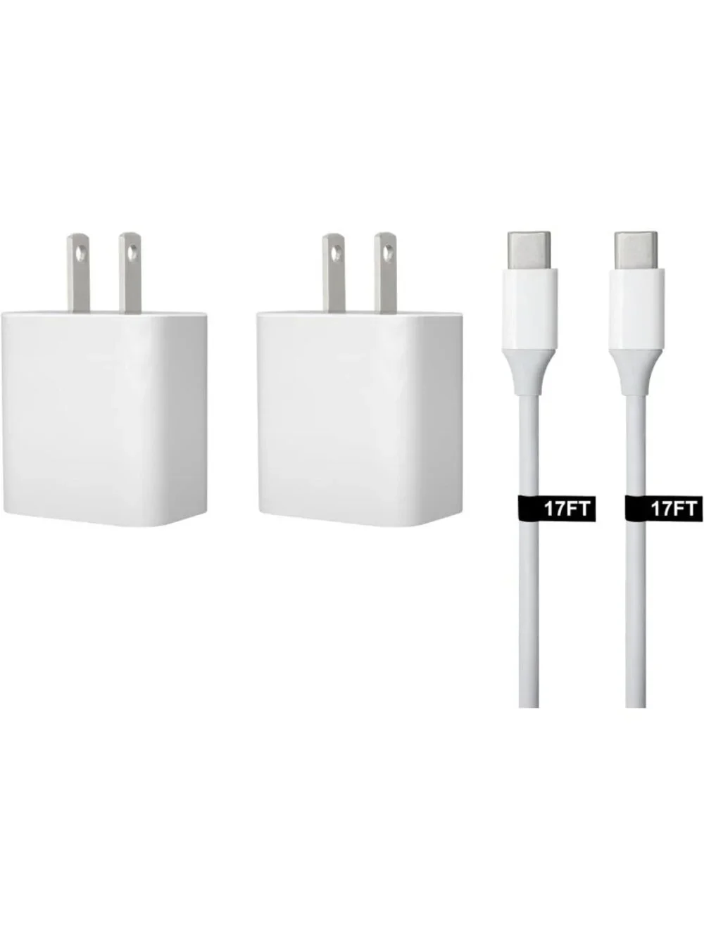 30W USB-C Fast Charger & 17ft Cable for Phones, Tablets & USB-C Devices - 2-Pack